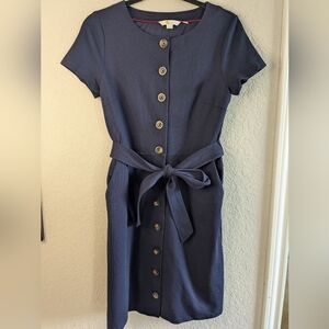 Boden Midi Shift Dress Size 6 Button Front Tie Waist Navy Pockets Stretch Knit